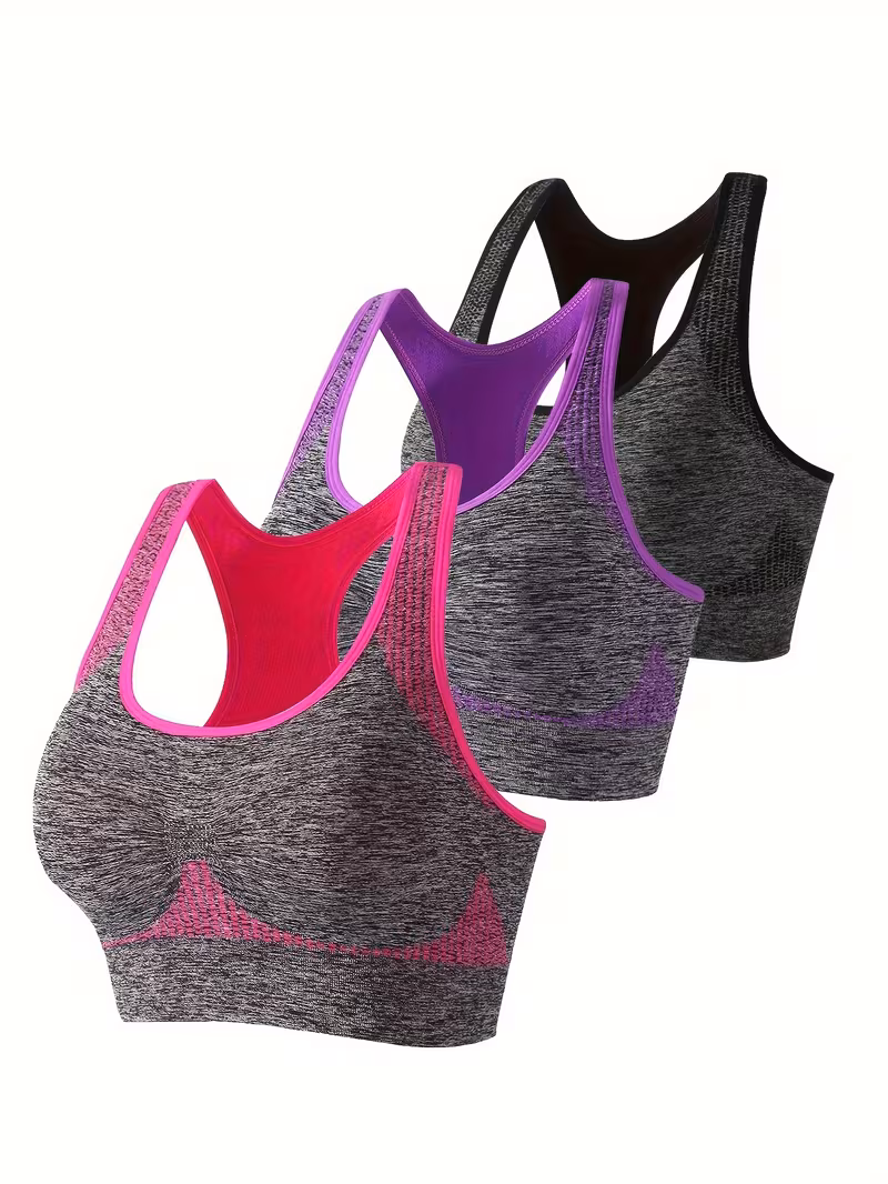 Set of 3 Stylish And Casual Sports Bras for Women, Designed for Running, Training, Quick-Dry, Shockproof, And Suitable for Fitness And Yoga with a Color-Blocking Design (Black+ Purple+ Red)