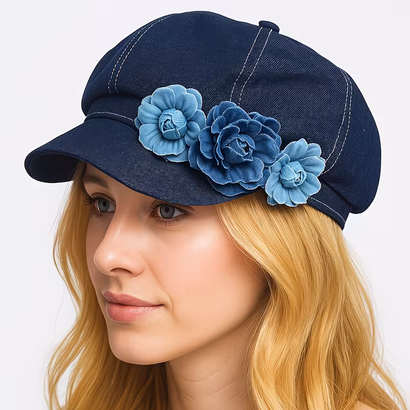 Cowboy Fashion Big Flower Elegant Sweet Newsboy Hats women Hat Small Crowned Face Small Sunshade Hat Octagonal hat women