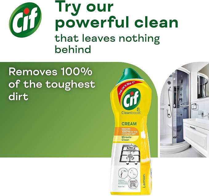 Cif Lemon Cream Cleaner multipurpose surface cleaner with 100% natural cleaning particles removes 100% of the toughest dirt 750 ml