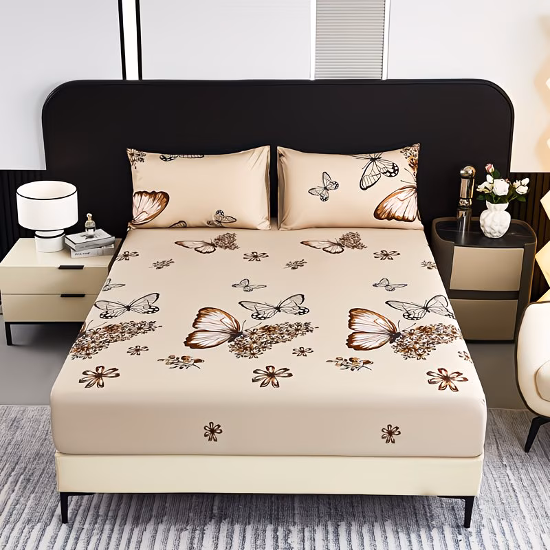 Butterfly Floral Printed Bed Sheet Set (1 Fitted Sheet + 2 Pillowcases), Designed with a Strong Sense of Style, Made with Brushed Fabric for Comfort And Skin-Friendliness, Featuring Reactive Dyeing That Doesn'T Fade And Is Shrink-Resistant. Suitable