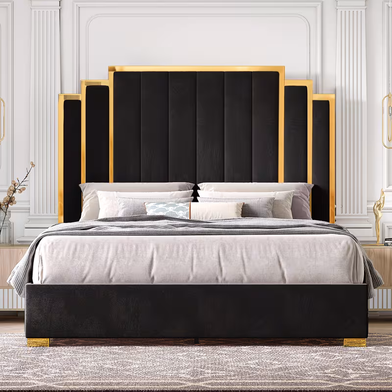 Velvet Upholstered Platform Bed Frame, Available in 61.4" Or 65" Sizes, Featuring a Gold-Trimmed Headboard And Wooden Slats, No Box Spring Required.