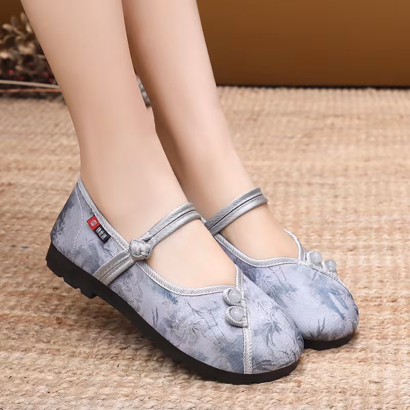 Retro Chinese Style Ink Painting Cloth Shoes for Women, Soft Sole Breathable Middle-Aged And Elderly Single Shoes, Shallow Mouth One-Strap Mother Shoes, Women Shoes, Sneakers