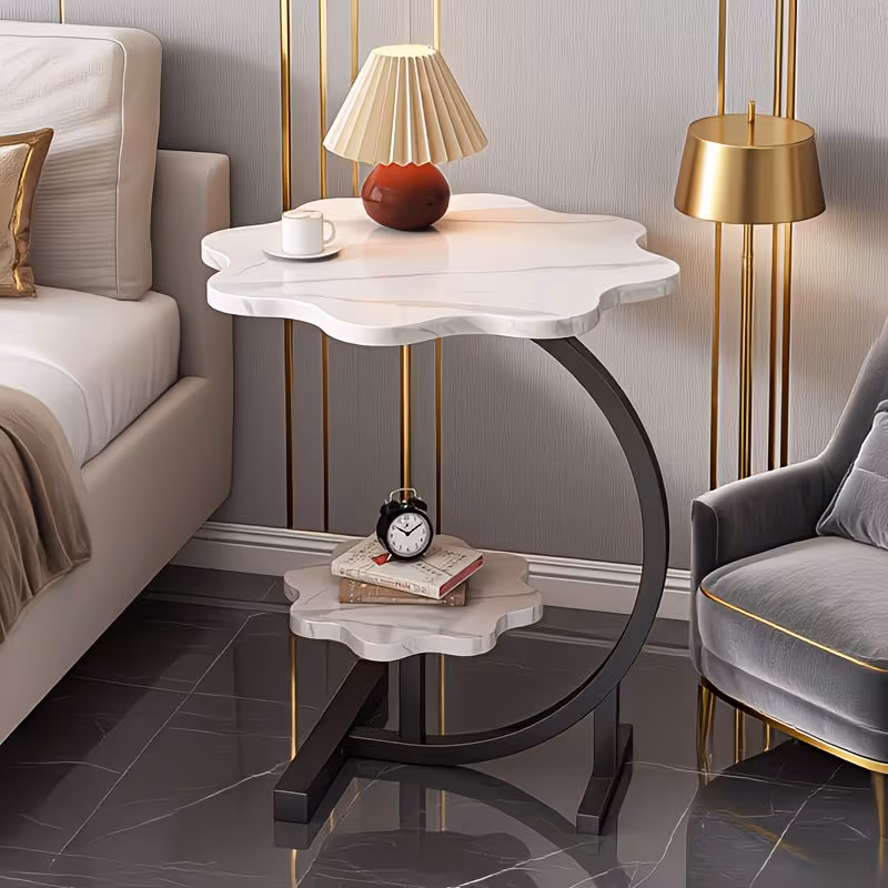 2-in-1 Modern Nordic Bedside Table with Storage Shelf - Space-Saving Round/Rectangular Design, Light Luxury 2-Tier with High-Density Fiberboard Top & Sturdy Metal Frame