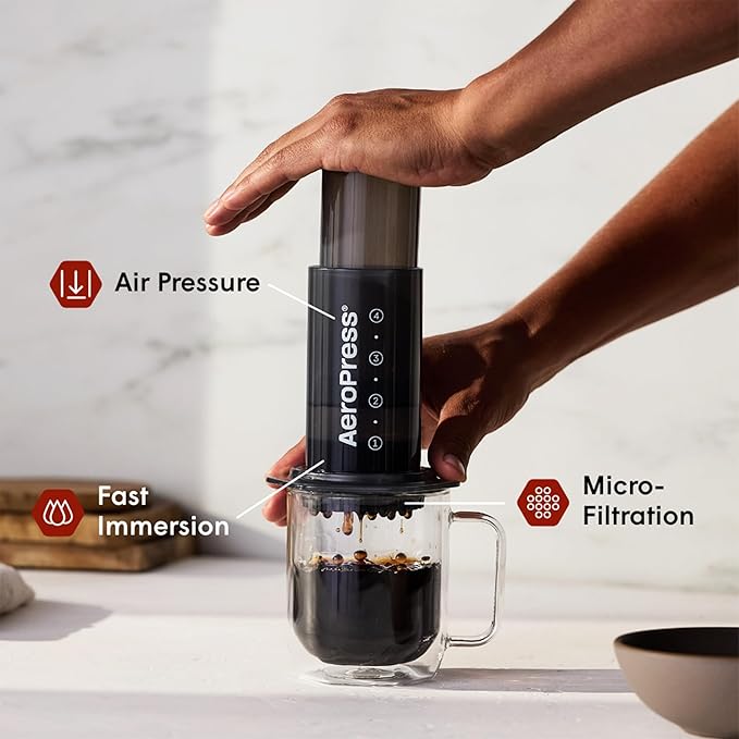 AeroPress Original Coffee and Espresso-style Maker, Barista Level Portable Coffee Maker with Chamber, Plunger, & Filters, Quick Coffee and Espresso Maker