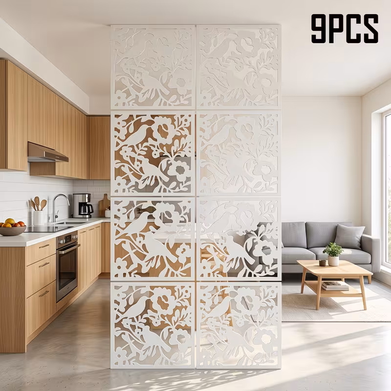 9pcs Creative White Floral and Bird Hanging Screen Panels, Multi-functional Decorative Curtains for Bedroom and Living Room, Simple Hanging Screen Partition, Stylish Openwork Hanging Screen for Living Room, Hotel, Office, and Entryway Door Decoration