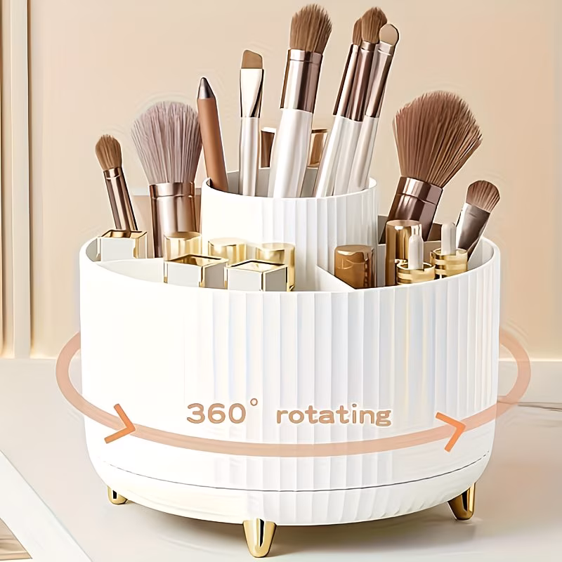 360° Rotating Multi-Functional Makeup Organizer | 1pc Plastic Cosmetic Storage with 5 Compartments - Holder for Brushes, Lipsticks, Skin Care Products