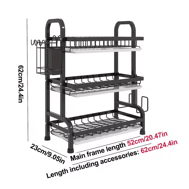 Rust-Proof Dish Drainer] Large Rust-Proof 3-Tier Dish Drainer | 52cm Dish Drying Rack with Removable Drip Tray, Cutlery Holder, Chopping Board Rack - Black Metal Kitchen Organizer and Storage