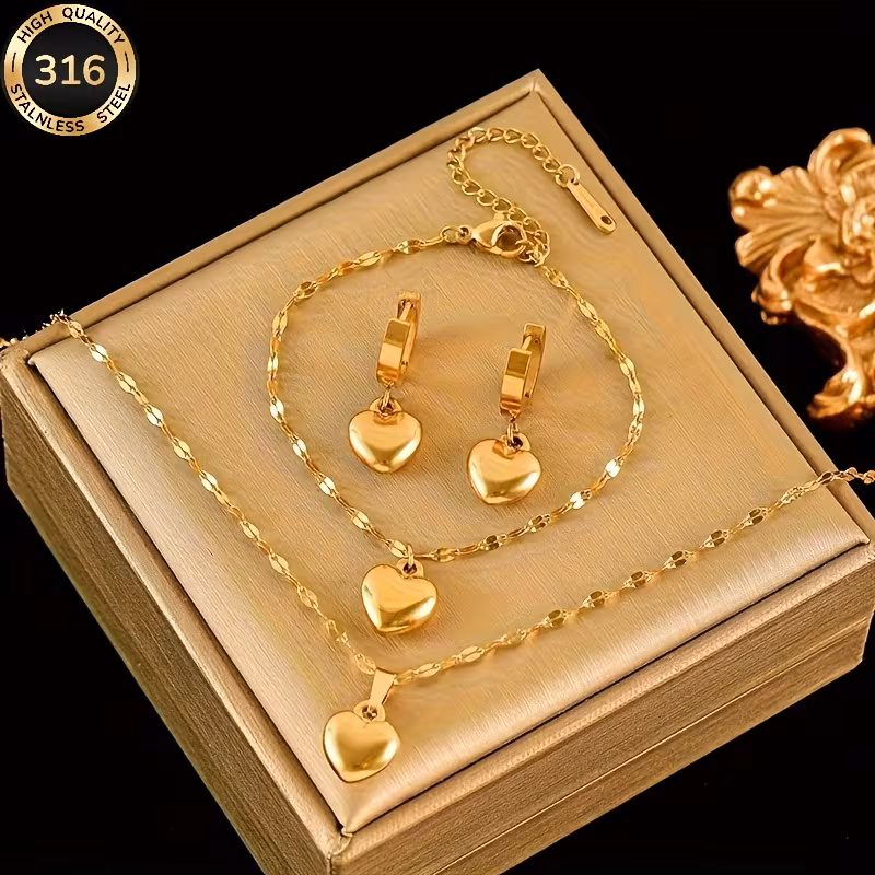 4pcs Set of 316L Stainless Steel 18K Golden Plated Golden-Plated Heart Jewelry | French-Style Elegant Necklace, Bracelet, and Earrings Set | Long-Lasting Color, Hypoallergenic | Perfect for Daily Wear, Versatile for Dates and Gift-Giving