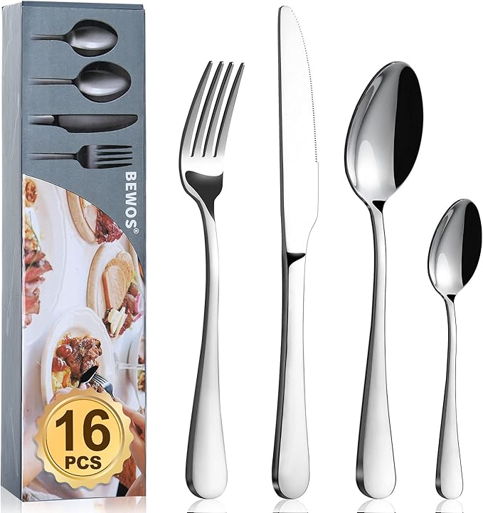 Cutlery Set, BEWOS 16 Piece Stainless Steel Flatware Set, Tableware Silverware Set with Spoon Knife and Fork Set, Service for 4, Dishwasher Safe/Easy Clean, Mirror Polished