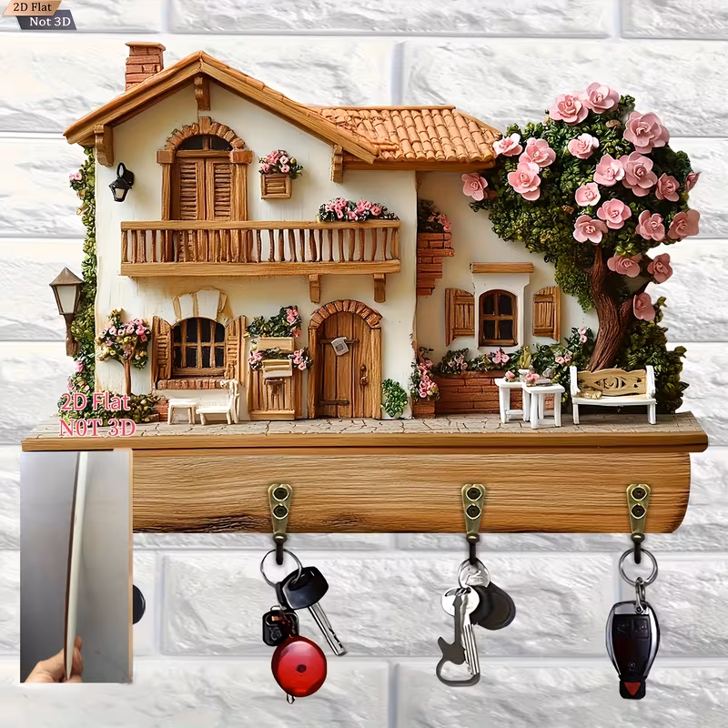 2D Flat Retro Cottage Wooden Key Rack with 4 Metal Hooks - Rustic Wall Decor for Home, Porch, Villa - Versatile Seasonal Decoration, No Electricity Required, Easy to Install, Key Holder Wall Decor, Porch Decor, 1pc