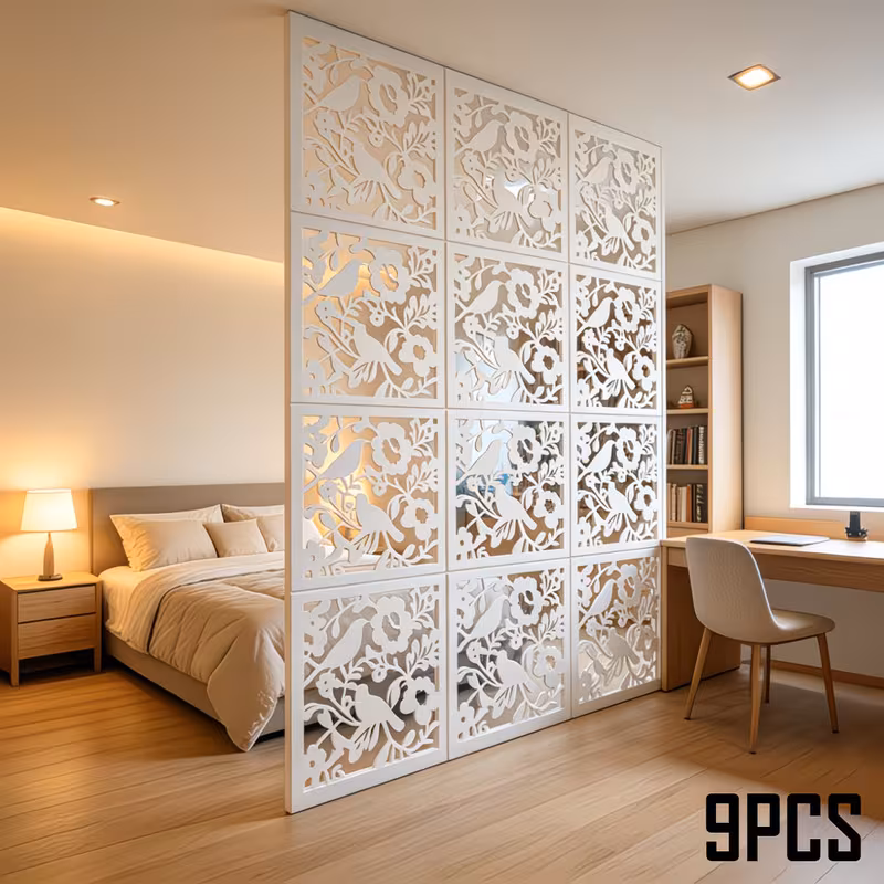 9pcs Creative White Floral and Bird Hanging Screen Panels, Multi-functional Decorative Curtains for Bedroom and Living Room, Simple Hanging Screen Partition, Stylish Openwork Hanging Screen for Living Room, Hotel, Office, and Entryway Door Decoration