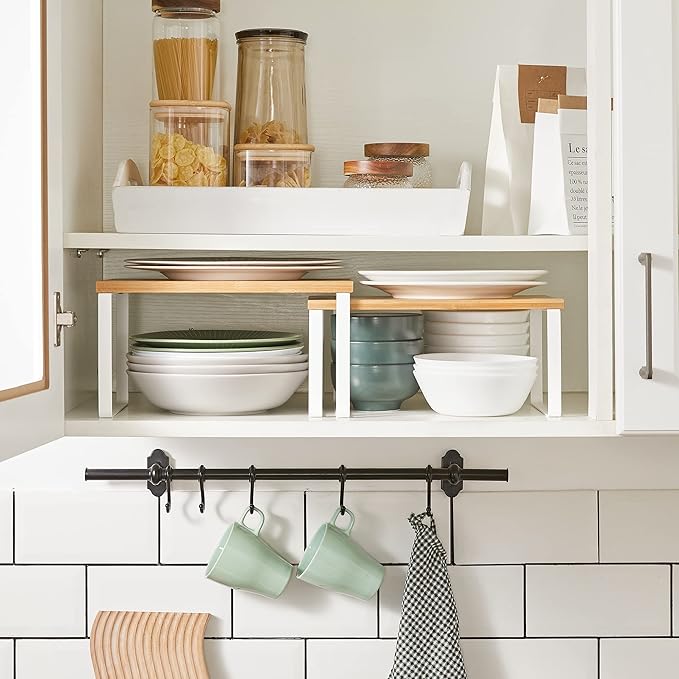 SONGMICS Spice Rack, Set of 2 Cupboard Shelf Organiser, Expandable Kitchen Shelf Organiser, Stackable Spice Holder, Metal and Engineered Wood, White and Natural KCS02NW