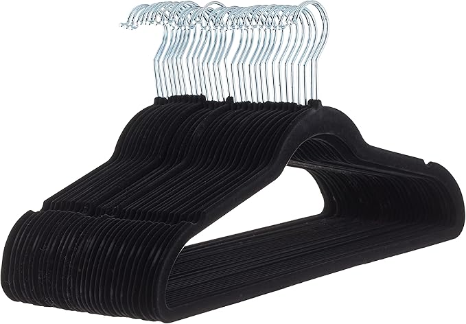 Amazon Basics Slim Velvet Non-Slip Suit Hangers - 30-Pack, Black/Silver