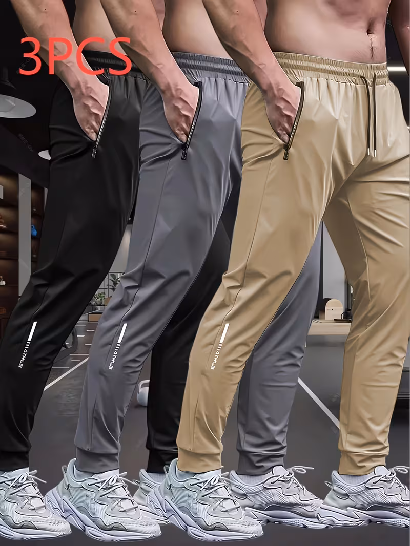 3pcs Men'S Breathable Elastic Running Shorts Set with Zipper Pockets And Drawstring Waistband - Lightweight Nylon Blend, Suitable for Gym, Outdoor Hiking, Dates, And Casual Use All-Season Casual Wear (Gray, Khaki, Black)