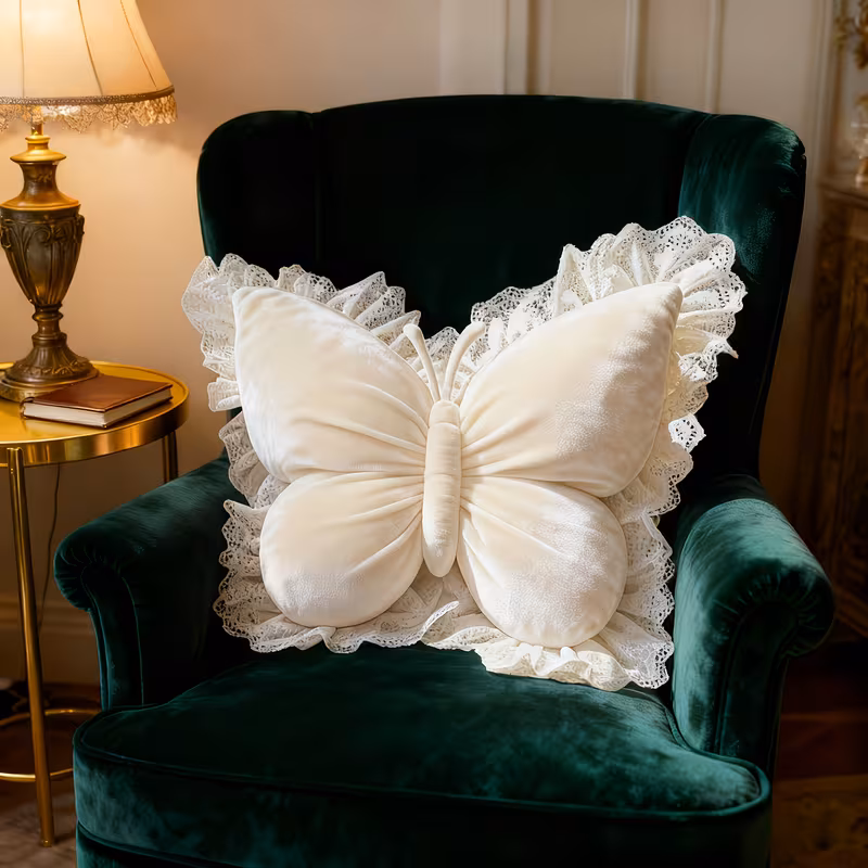 Butterfly-Shaped Decorative Throw Pillow for Home Decoration. It Features an Elegant White Butterfly Pattern Design, with White Lace Trim And Luxurious Velvet Fabric. Suitable for Beds, Sofas, Carriages, And Office Spaces