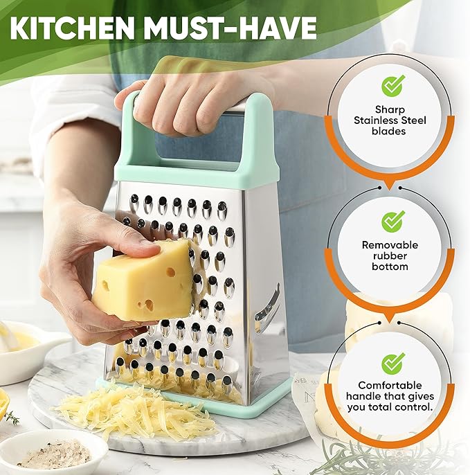 Spring Chef Stainless Steel XL Cheese Grater for Kitchen, Mint | 4 Sided Manual Metal Box Grater for Carrot, Potato, Parmesan, Cheese Shredder, Professional Vegetable Grater, Dishwasher Safe
