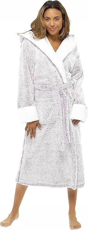 KATE MORGAN Ladies Dressing Gown Fluffy Super Soft Hooded Bathrobe for Women Plush Fleece Perfect Loungewear Long Robe | Gifts for Women