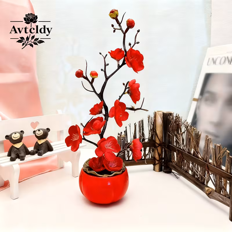 AVTCLDY 1pc Premium Artificial Red Plum Blossom Potted Plant - Holiday Artificial Flower, Suitable for Living Room, Bathroom, Balcony, Office, Dining Table, and Other Desktop Decorations, Ideal for Valentine's Day/New Year/Wedding/Mother's