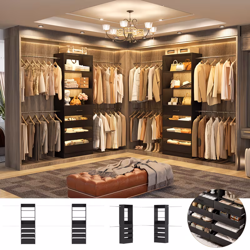 2pcss Set - Wardrobe Cabinet with Drawers, Closet Organizer, Wooden Wardrobe, Walk-In Closet, Built-In Wardrobe Cabinet, 4-9 Feet Wardrobe System 2pcss Set, Closet Organization System with 8 Drawers And 8 Hanging Rods