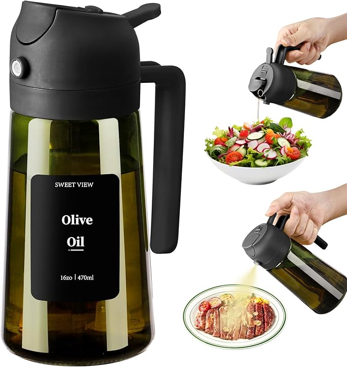 Olive Oil Dispenser and Sprayer, 16oz/470ml Glass Light-Proof Pour Bottle, Kitchen Gadgets Accessories for Air Fryer