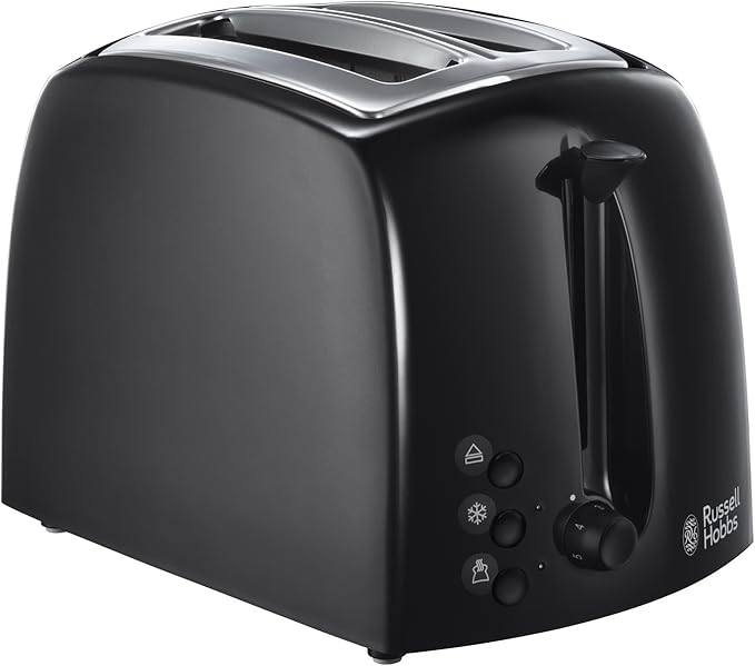 Russell Hobbs Textures 2 Slice Toaster (Extra Wide Slots, 6 Browning levels, Frozen, cancel & reheat function with indicator lights, Removable crumb tray, 850W, Black matt & high gloss finish)