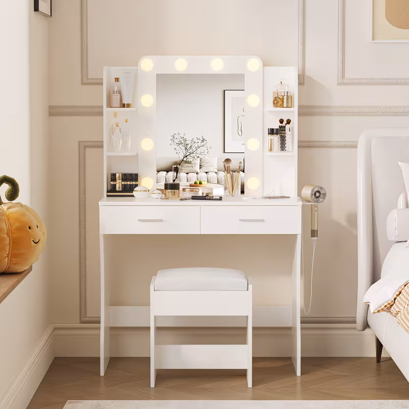 Vanity Desk with LED Lighted Mirror & 10+ Strip, 6-Drawer Makeup Dressing Table with Stool Suitable for Bedroom,, Plug-and-Play Assembly, Modern for Room, Dorm, Beauty Salon