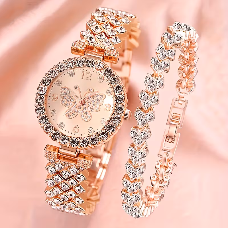 2pcs Women's Elegant College Style Quartz & Bracelet Combo - Sparkling Stainless Analog-Digital Wristwatch with Matching Bracelet, Glamorous Matching Gift for, Parties, Casual Attire (Non-)