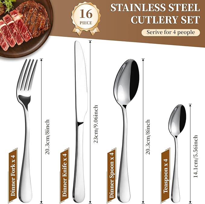 Cutlery Set, BEWOS 16 Piece Stainless Steel Flatware Set, Tableware Silverware Set with Spoon Knife and Fork Set, Service for 4, Dishwasher Safe/Easy Clean, Mirror Polished