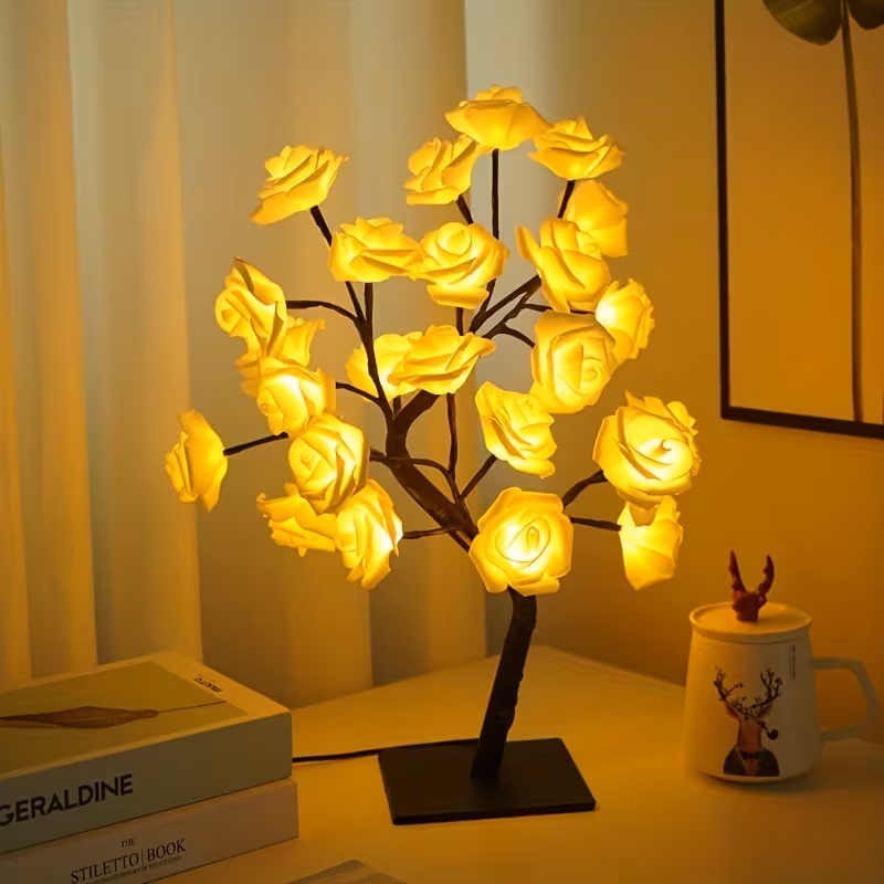 Shenzhi Tech USB-Powered LED Rose Tree Lamp with Flower - Plug-in Night Light Suitable for Home, Desk Decor, Bedside, for &, USB Operation (No)