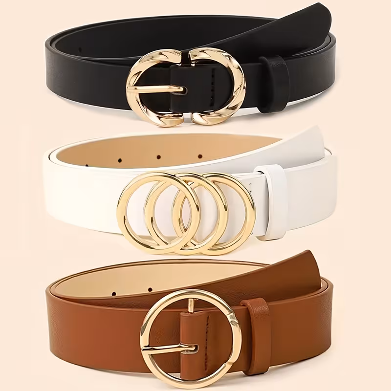 A Set of Three Women'S Minimalist And Stylish Versatile Belts, Classic Belts for Jeans And Dresses, Featuring a Three-Ring, Two-Ring, And One-Ring Metal Buckle Design, Solid Color Elegant Belts, Perfect for Everyday Commuting Waist Accessories.