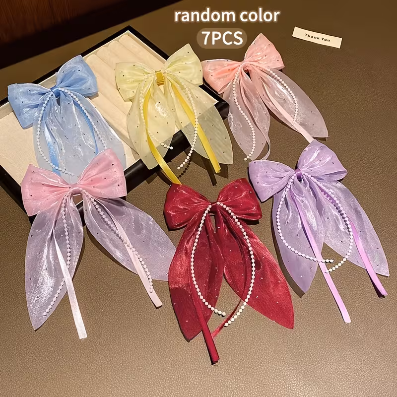 7 Sweet-Style Colorful Fabric Bow Hair Clips, Fashionable Hair Accessories Suitable for Daily Use - Colors Random
