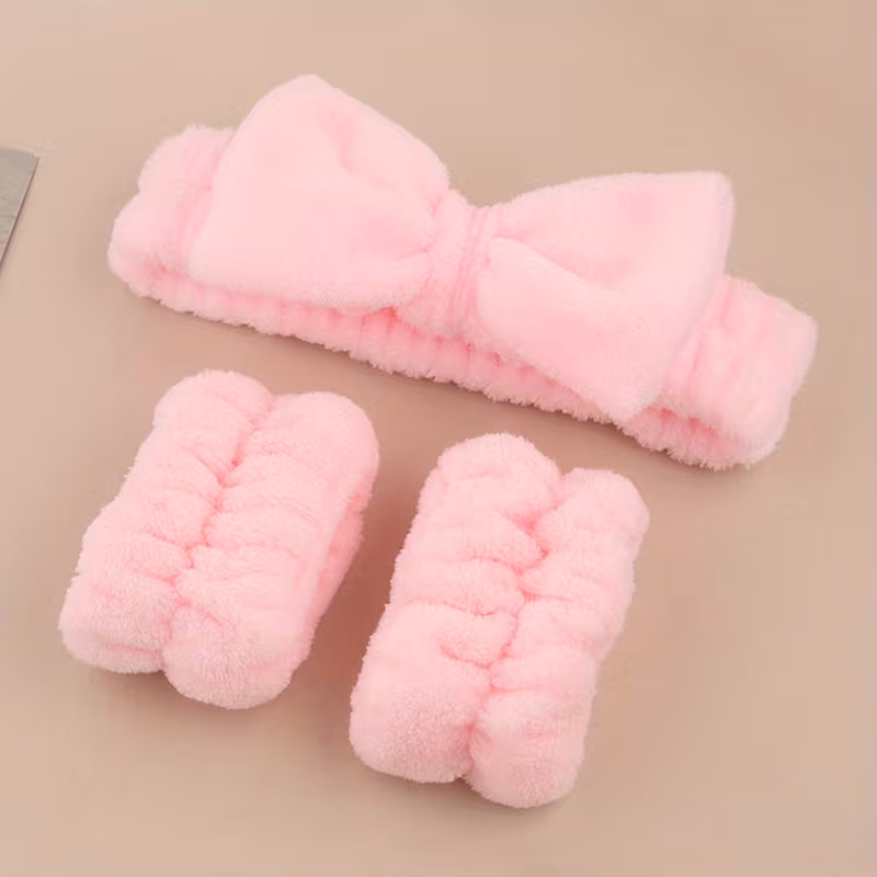 3pcs Make-Up & Facial Cleansing Set (Elasticated Pouf Headband, Absorbent Hand Strap), Ideal Gift for Christmas & New Year, Headband Anti-Slip, Hand Strap Water-Absorbent, Suitable for Facial Cleansing, Skincare, Make-Up