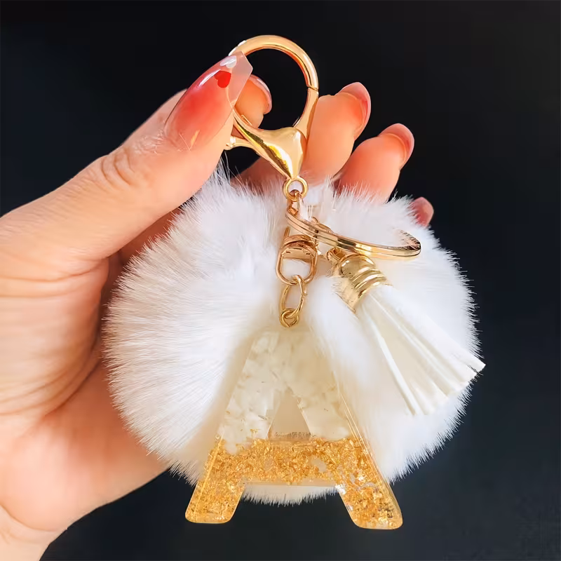 A White Pompom Keychain Epoxy Initial Key Pendant Women'S Backpack Pendant Car Keychain