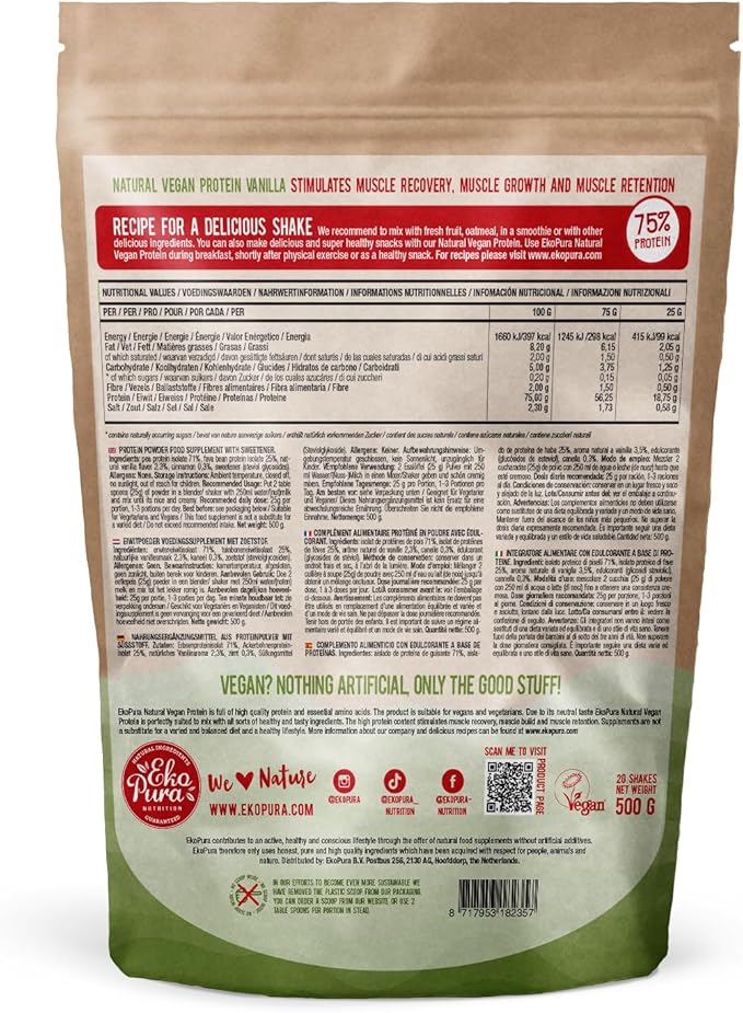 Natural Vegan Protein – Vanilla - 500g | 75% Protein | Free from Allergens, Lactose, GMOs, and Soy | Plant-Based Protein | Perfect for Your Smoothies, Cooking, and Baking