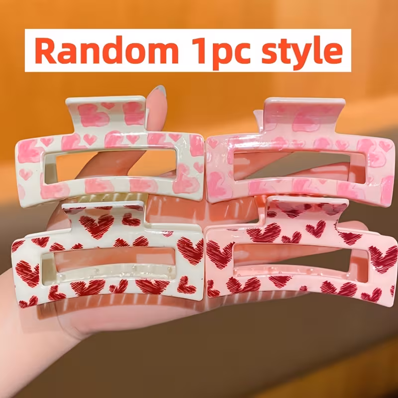 4 Colors Shipped Randomly/1pc Ladies, Pink, Stylish and Elegant, Cute, Valentine's Day Hair Accessories, Heart Pattern, Medium Square Hair Clip, Suitable for Daily and Holiday Party Use, Ladies Hair Accessories, Gift Recommendation
