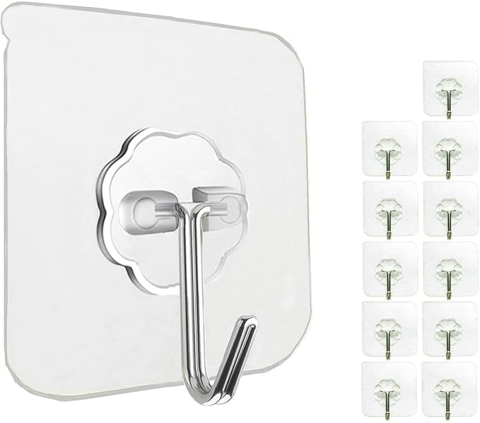 Jiaweixiang 12 Pack Heavy Duty Sticky Wall Hooks - 33lb Max, Transparent, Waterproof, Self Adhesive Hooks for Keys, Bathroom, Shower, Outdoor, Kitchen, Door, Home Improvement, Utility