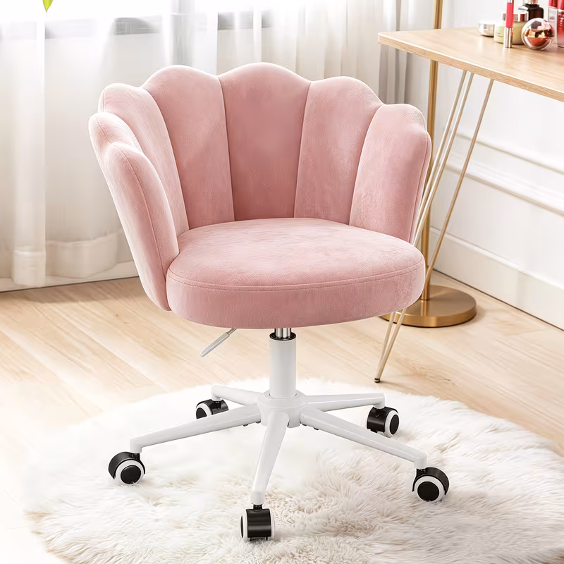 Light Pink Makeup Vanity Chair with Back, Modern Velvet Upholstered Small Accent Chair Cute Shell Shaped Vanity Stool Desk Chair for Living Room Bedroom Dressing Room