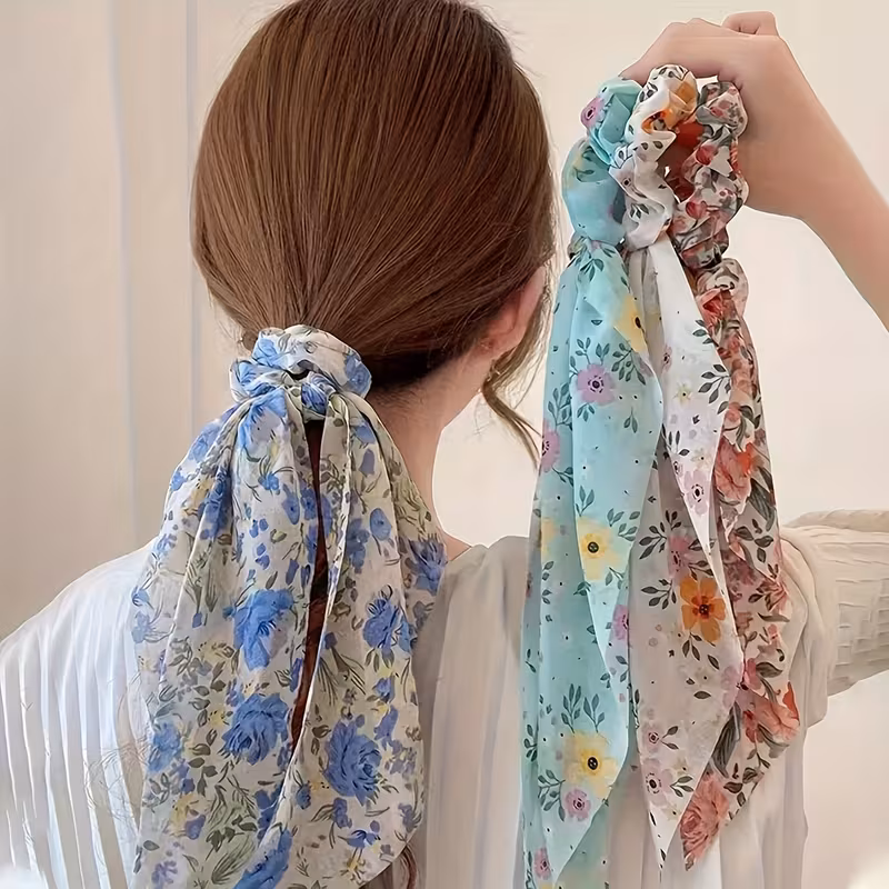 3/4/5pcs Floral Hair Scrunchies - Elegant Bow & Tassel Design, Soft Fabric Hair Ties for Women, Stylish Hair Accessories for Everyday & Special Occasions, Cute Hair Accessories, Occasion Hair Ties, Decorative Hair Ties, Durable Hair Ties