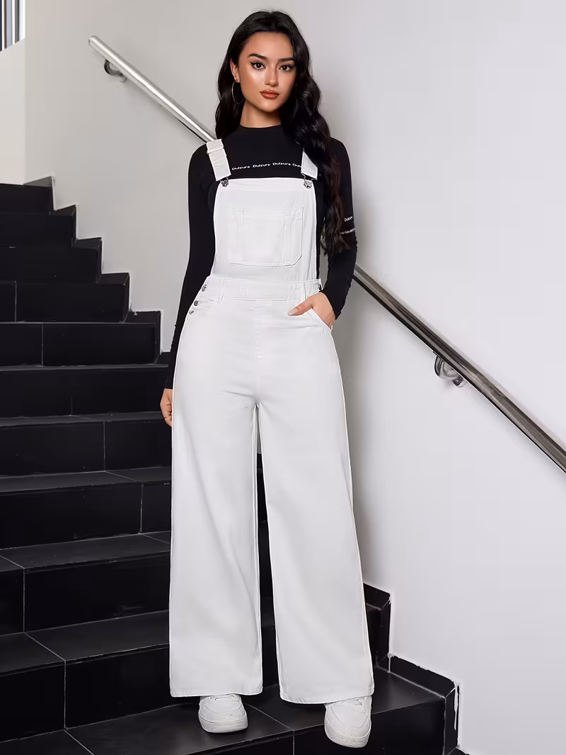 Women's White Fashionable Elegant Denim Overalls