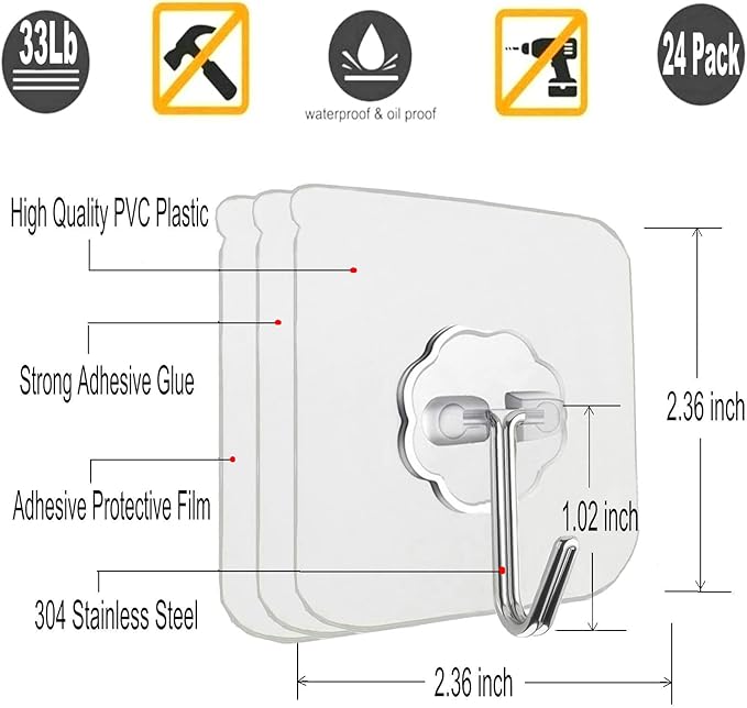 Jiaweixiang 12 Pack Heavy Duty Sticky Wall Hooks - 33lb Max, Transparent, Waterproof, Self Adhesive Hooks for Keys, Bathroom, Shower, Outdoor, Kitchen, Door, Home Improvement, Utility