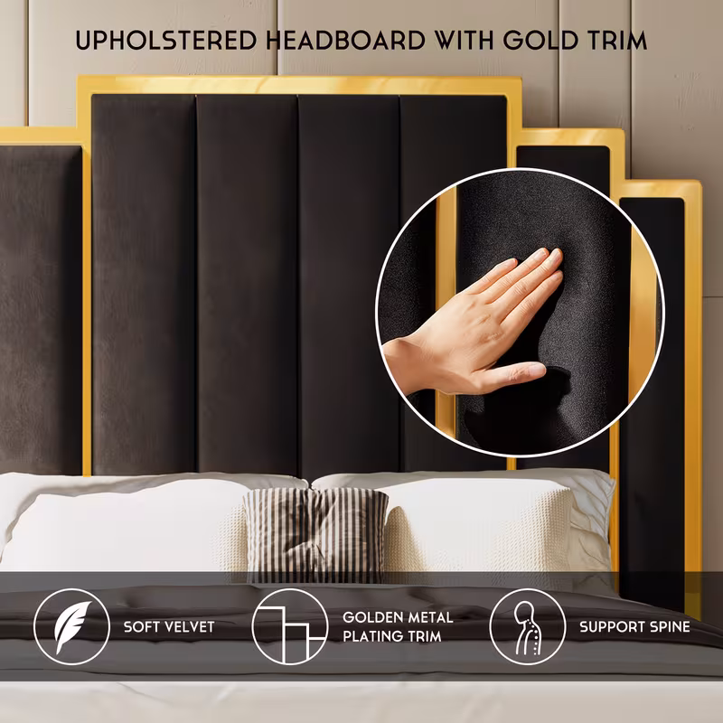 Velvet Upholstered Platform Bed Frame, Available in 61.4" Or 65" Sizes, Featuring a Gold-Trimmed Headboard And Wooden Slats, No Box Spring Required.