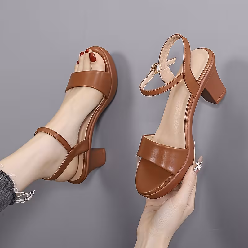 Women'S Brown Chunky-Heeled Sandals for Summer, Featuring a Sexy And Versatile Design with a Single Strap And Round Toe in a European And American Style., Women Shoes