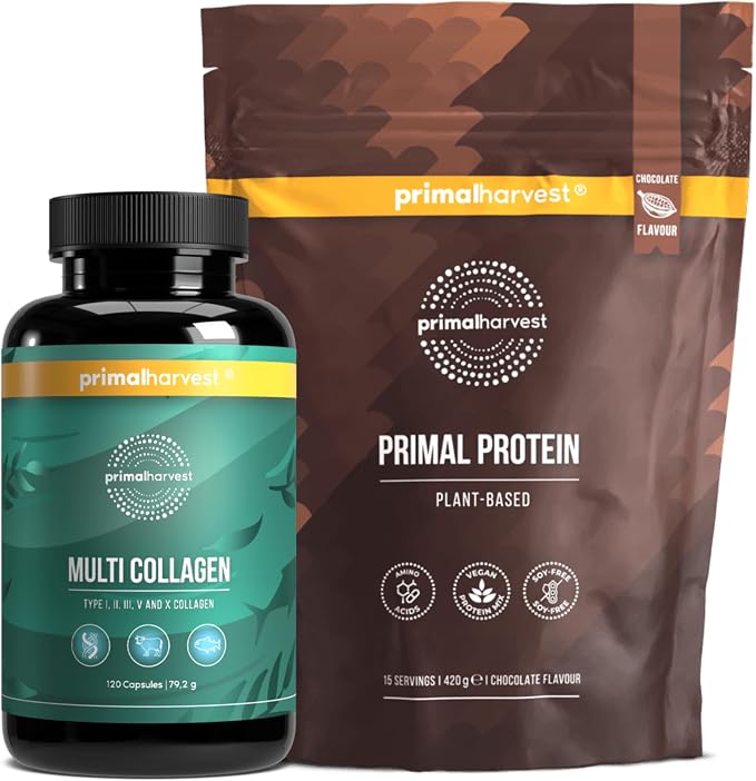 Primal Harvest Daily Two-Step Routine | Multi Collagen Pills + Vegan Protein Powder Chocolate | 2 Pack | 30 Day Supply