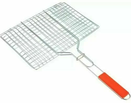 Metal Meat Fish Roasting BBQ Basket Grill with Wooden Handle 22 x 28 cm