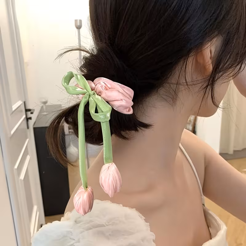 3pcs Elegant French Tulip Hair Ties - High Elasticity Acrylic Hair Bands with Colorful Tulips & Bow Design, Ideal Gift for Friends, Cute Hair Accessorie