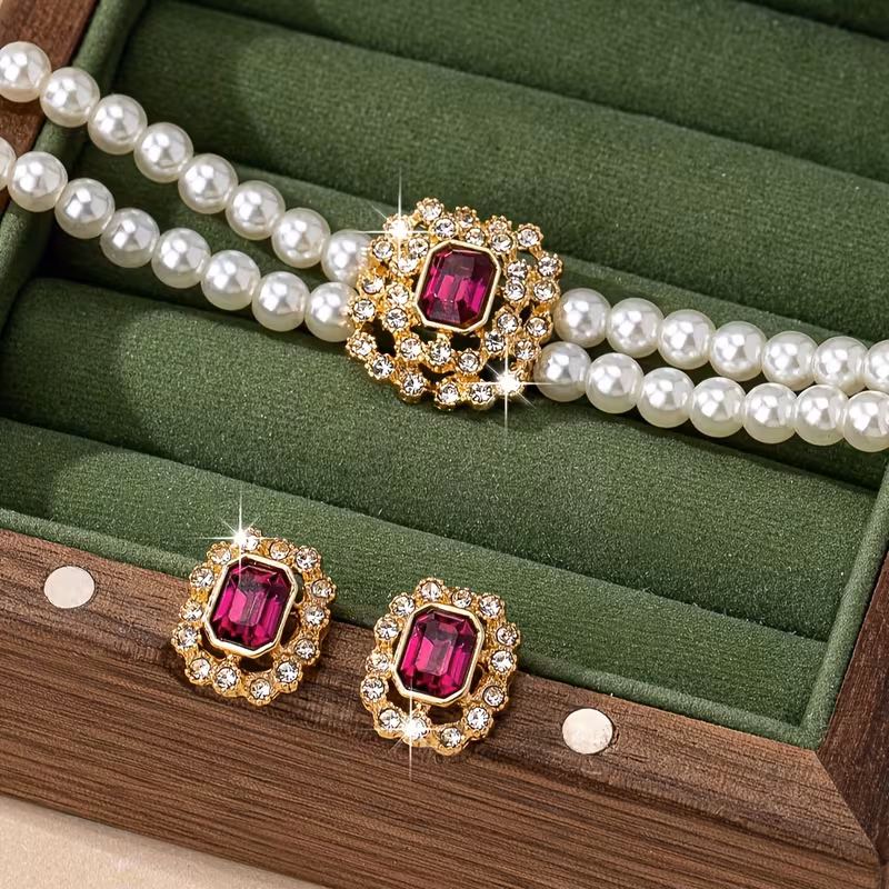 1 Set of European and American Fashion Jewelry, Double-layer Elegant Geometric Women's Stud Earrings and Necklace Set