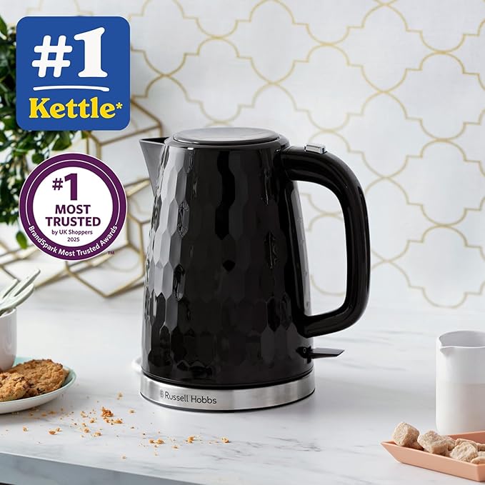 Russell Hobbs Honeycomb Electric 1.7L Cordless Kettle (Fast Boil 3KW, Black premium plastic, matt & high gloss finish, Removable washable anti-scale filter, Push button lid