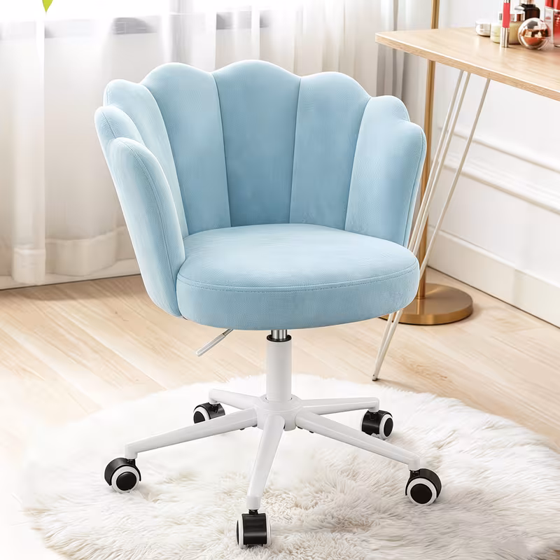 Light Pink Makeup Vanity Chair with Back, Modern Velvet Upholstered Small Accent Chair Cute Shell Shaped Vanity Stool Desk Chair for Living Room Bedroom Dressing Room