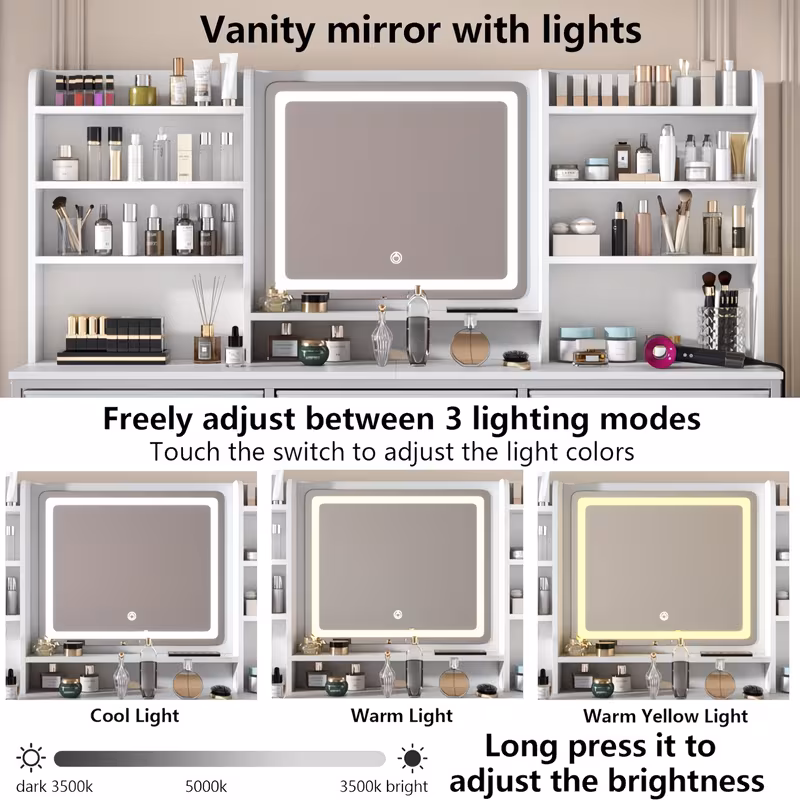 Dressing Table Featuring a Spacious Mirror, Equipped with Nine Fabric Drawers And Eight Storage Shelves, Ideal for Women And Girls, with Adjustable Lighting