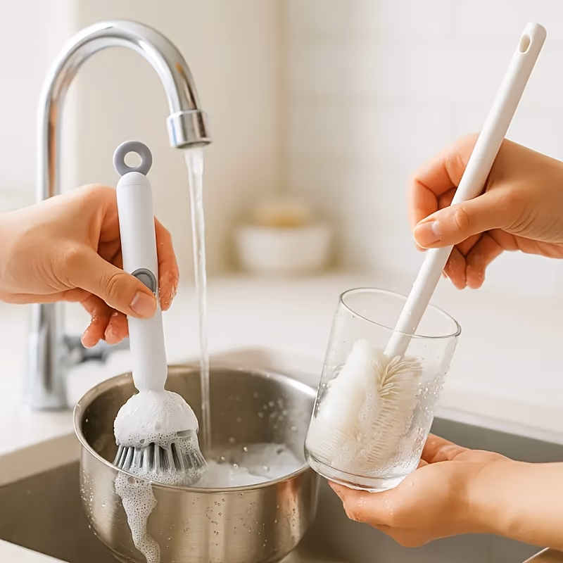 Dish Brush Set: Rotating Brush with Detergent Dispenser + 2 Long-Handled 90° Cup Brushes, Multi-Functional Kitchen Cleaning Set, Easily Removes Grease, Stubborn Stains And Dead Corners